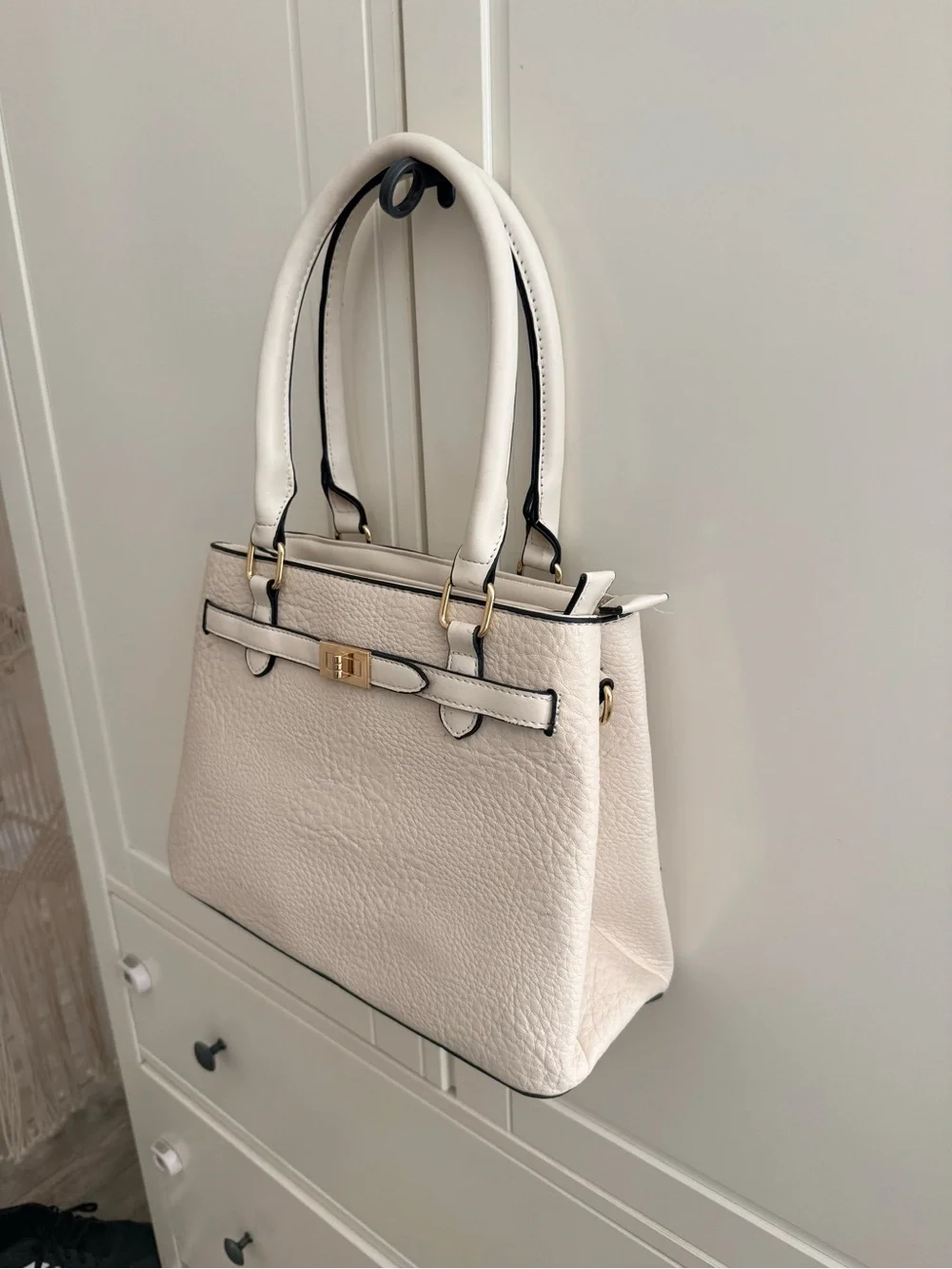 Structured Cream Satchel Handbag with Gold-Tone Accent